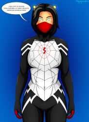 absurdres antenna black_hair dialogue drone empty_eyes expressionless female_only femsub marvel_comics mask megaguardain short_hair silk_(marvel) solo standing standing_at_attention super_hero tech_control text