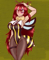  absurdres armpits bee_girl bee_suit blush bracelet cleavage clothed female_only femsub fishnets hair_ornament hourglass_figure large_breasts mitsuko_(goddessmitsuko) nail_polish original pantyhose red_eyes red_hair saluting simple_background sleepy_kai smile solo spiral_eyes standing standing_at_attention symbol_in_eyes tagme very_long_hair 