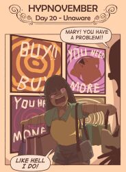 black_hair dark_skin dialogue english_text eyebrows_visible_through_hair femsub financial_domination humor hypnovember mary_mavys_(pstash) open_mouth original pstash shorts spiral yellow_background