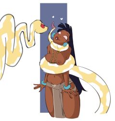  arm_bands black_hair breasts chel_(the_road_to_el_dorado) coils dark_skin drool earrings female_only femsub happy_trance kela_(zengo888) loincloth long_hair navel necklace nipples original rattlesnake restrained ring_eyes simple_background snake sodapop the_road_to_el_dorado topless 