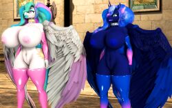  3d absurdres bimbofication bottomless breasts cleavage female_only femsub furry horns horse horse_girl huge_breasts large_breasts long_hair multicolored_hair my_little_pony nude princess princess_celestia princess_luna smile symbol_in_eyes thighhighs topless vladichslg western wings 