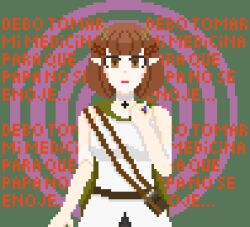 brown_eyes brown_hair drugs elf elf_ears empty_eyes mantra nyarukavt pixel_art text white_skin