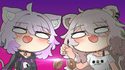  ahoge animal_ears bangs bare_shoulders blush cat_ears cat_girl chibi choker coin collar femdom gradient_background hololive long_hair looking_at_viewer midoritune multiple_doms multiple_girls okayu_nekomata pendulum purple_background purple_hair shishiro_botan short_hair silver_hair smile sweater tail text virtual_youtuber watermark 