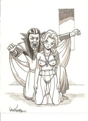 barefoot braid breasts cape empty_eyes erect_nipples expressionless fangs feet femsub greyscale harem_outfit kneeling large_breasts long_hair maledom monochrome open_mouth original ponytail see-through susan_van_camp traditional valla_the_valorous vampire
