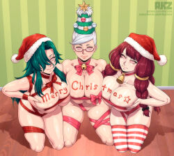 absurdres akazai bell_collar body_writing breast_press breasts christmas cleavage collarbone dandadan fairy_tail female_only femsub glasses green_hair hair_covering_one_eye happy_trance irene_belserion kneeling large_breasts long_hair milf multiple_girls multiple_subs naked_ribbon red_hair rose_(twwtuhm) santa_hat seiko_ayase simple_background smile spiral_eyes the_wrong_way_to_use_healing_magic thighhighs watermark white_hair