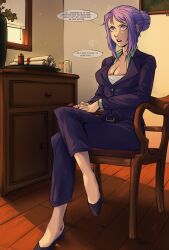  before_and_after belt business_suit cleavage dialogue english_text femsub glowing_eyes gmun large_breasts office office_lady purple_eyes purple_hair resisting shion_(tensei_slime) sitting solo speech_bubble sweat text that_time_i_got_reincarnated_as_a_slime western 
