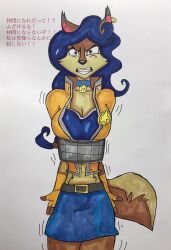 angry before_and_after carmelita_fox fox_girl furry japanese_text restrained sly_cooper_(series) ラーリー