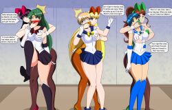 blonde_hair blue_hair brown_hair bunny_ears bunnysuit dlobo777 empty_eyes femsub green_hair happy_trance long_hair sailor_jupiter sailor_mars sailor_mercury sailor_moon_(series) sailor_neptune sailor_pluto sailor_venus short_hair sleeping