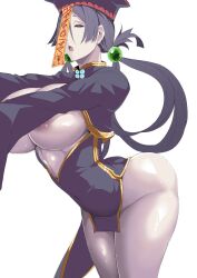  ass breasts breasts_outside chinese_text clothed_exposure empty_eyes exposed_chest expressionless fate/grand_order fate_(series) female_only femsub hair_ornament huge_ass huge_breasts jiangshi ky. long_hair milf minamoto_no_raikou nipples open_mouth purple_eyes purple_hair shuten_doji talisman text translated white_background zombie_walk 