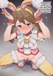  blush bottomless breasts brown_hair buneary bunny_ears bunny_girl bunny_pose bunnysuit empty_eyes expressionless fake_animal_ears fangs female_only femsub grey_eyes guilegaze_(manipper) ie large_breasts long_hair manip may nintendo open_mouth pet_play pokemon pokemon_ruby_sapphire_and_emerald pubic_hair pussy pussy_juice squatting text 