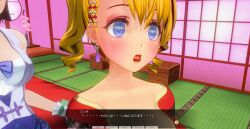 3d blonde_hair breasts brown_hair curly_hair dialogue female_only femdom femsub japanese_clothing kamen_writer_mc kimono large_breasts magician mc_trap_town multiple_girls screenshot short_hair spiral_eyes symbol_in_eyes text twintails