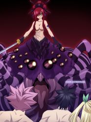 alternate_hairstyle black_sclera breasts bug_girl claws corruption crown erza_scarlet fairy_tail female_only femsub gray_fullbuster hair_covering_one_eye jewelry lucy_heartfilia monster_girl multiple_legs natsu_dragneel red_hair spider_girl spiderweb sword tattoo topless transformation yellow_eyes