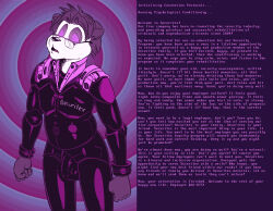 armor bulge caption caption_only dawmino doctorpluto_(manipper) furry glasses glowing glowing_eyes latex male_only malesub manip panda_boy penis tech_control text