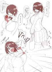  blush breasts comic dialogue femsub glasses huge_breasts jackfish168 large_breasts open_mouth possession school_uniform short_hair slime surprised sweat text translation_request 