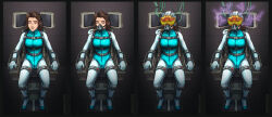  absurdres before_and_after bodysuit breasts brown_eyes brown_hair chair corruption electricity female_only femsub gas_mask helmet leotard long_hair original restrained rubber sequence shoes sitting sleepystephbot smile solo tech_control visor wires zipper 