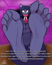 absurdres barefoot cat feet female_only femdom foot_focus furry huge_feet hypnotic_feet kimberco looking_at_viewer original pov pov_sub seraphinxa_(kimberco) suit text