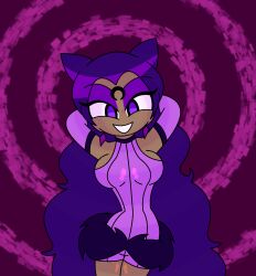 androgynous_sub arms_above_head breasts clothed dark_skin earrings empty_eyes facial_markings femdom hypnoscream hypnotic_breasts jewelry koan large_breasts looking_at_viewer pov pov_sub purple_eyes purple_hair sailor_moon_(series) smile spiral_background very_long_hair