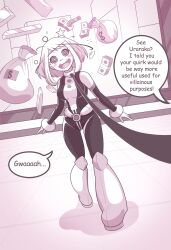  boots breasts cameltoe clothed costume dazed disguised_hypnotist drool enemy_conversion femsub gold happy_trance large_breasts leash money monochrome my_hero_academia ochaco_uraraka open_mouth short_hair smile spiral spiral_eyes standing super_hero symbol_in_eyes tagme text tight_clothing 