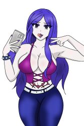  black_eyes blue_hair bracelet cell_phone crotch_tattoo eyeshadow fairy_tail female_only femsub grey_skin happy_trance juvia_loxar kei large_breasts long_hair nail_polish open_mouth pants phone rock_of_succubus simple_background smile solo standing tongue tongue_out v very_long_hair white_background 