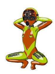 arms_above_head body_markings bodysuit bulge drone dronification empty_eyes gas_mask glowing_eyes latex presenting professor-celestino rubber squatting tech_control