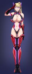blonde_hair bunny_ears bunny_girl cleavage glowing_eyes happy_trance large_breasts metroid_(series) saluting samus_aran spiral_eyes standing_at_attention tech_control zero_suit