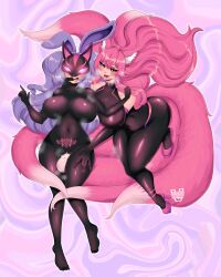 absurdres animal_ears arya_(snowylight) blue_hair bodysuit breasts bunny_girl crotch_rub crotch_tattoo female_only femsub finger_to_mouth hypnotic_accessory kitsune_girl latex long_hair luculia_(theironmadden) mask multiple_tails open_mouth original pink_hair tail tail_sex tailjob tongue tongue_out vspicystudios