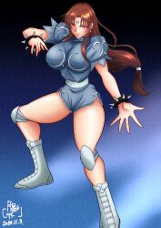 bangs blue_background bottomless brown_hair capcom chun-li cuffs earrings expressionless eyeshadow female_only femsub knee_pads large_breasts leotard long_hair makeup microchip red_eyes signature simple_background solo street_fighter street_fighter_ii_v tech_control tsukikage_teto