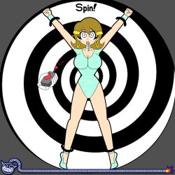  5-volt alternate_costume arms_above_head bare_legs breasts cartoonzombie drool earrings english_text femsub large_breasts legs leotard milf nintendo phantom_hand remote_control restrained short_hair spiral_background spiralwash_eyes stage_hypnosis text warioware 