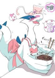 animals_only apron blush chocolate drool happy_trance lugia mew mewtwo naked_apron nintendo open_mouth pink_eyes pokemon pokemon_(creature) psychic size_difference urocos 