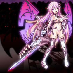 absurdres bezunamin black_sclera corruption drool femsub happy_trance hyperdimension_neptunia living_costume long_hair nepgear open_mouth parasite pink_hair purple_sister pussy pussy_juice smile sword tattoo tears thighhighs