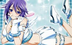 blue_eyes blush breasts cleavage cosplay drake_(manipper) empty_eyes female_only femsub gloves happy_trance high_heels large_breasts lollipop looking_at_viewer manip microphone midriff mizore_shirayuki necklace purple_hair rosario+vampire short_hair skirt smile wings