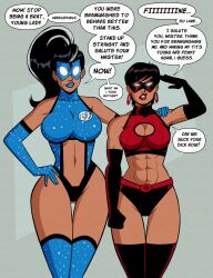  abs age_regression aged_up black_hair blue_lipstick blueshift_(polmanning) breasts cleavage dark_skin dialogue earrings english_text female_only femsub gloves glowing_eyes humor leotard long_hair mask midriff milf mother_and_daughter muscle_girl original polmanning ponytail red_lipstick saluting scarlet_smasher_(polmanning) short_hair speech_bubble super_hero text 
