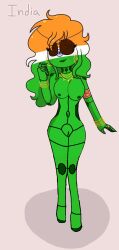  binary_eyes brown_eyes countryhumans green_hair green_lipstick green_skin india_(countryhumans) orange_hair orange_skin robot robot_girl robotization white_hair white_skin 