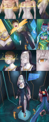 absurdres blue_hair breasts brown_hair cleavage comic empty_eyes expressionless femdom glowing glowing_eyes headdress ibenz009 large_breasts long_hair malesub nun original short_hair tech_control text transformation transgender tron twintails white_hair 
