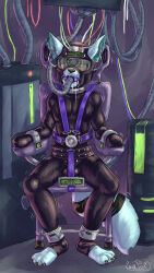  abs aliaspseudonym blue_skin bodysuit bulge cables chair claws drool fox_boy furry gag helmet latex male_only malesub non-human_feet progress_indicator restrained signature sitting solo spiral tech_control trembling visor wires 