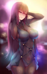 bodysuit breasts corruption fate/grand_order fate_(series) glowing glowing_eyes heart heart_tattoo large_breasts long_hair looking_at_viewer ni_crying red_hair scathach_(fate/grand_order) solo tattoo