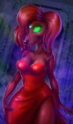 14-bis all_dogs_go_to_heaven bare_shoulders breasts brown_hair cleavage dog_girl femsub furry halloween happy_trance large_breasts long_hair maledom red_dress sasha_la_fleur smile spiral_eyes story symbol_in_eyes tech_control transformation western