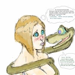bottomless breasts brown_hair coils disney expressionless femsub hypnotic_eyes kaa kaa_eyes large_breasts nude short_hair snake text the_jungle_book thought_bubble topless