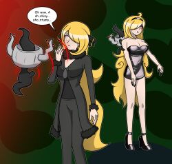 before_and_after blonde_hair cynthia dialogue femsub happy_trance hy2300 long_hair nintendo phantump pokemon spiral_eyes text