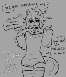  ahoge cat_boy cat_ears clothed collar dialogue male_only matraki monochrome open_mouth original sequence short_hair sketch smile solo standing sweater text thighhighs 