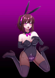  bow_tie brown_hair bunny_ears bunny_girl bunnysuit corruption crotch_tattoo groping headphones high_heels lukazyx misti_rockwell_(lilpenpusher) original pantyhose purple_eyes thighhighs tongue_out 