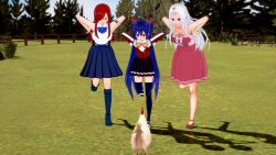  3d absurdres blue_eyes blue_hair bow brown_eyes chicken chicken_pose empty_eyes erza_scarlet fairy_tail femsub knee-high_boots long_hair mirajane_strauss multiple_girls multiple_subs necklace outdoors pet_play posing red_hair sandals shadow1333 shirt shoes skirt standing tank_top tattoo thighhighs very_long_hair wendy_marvell white_hair 