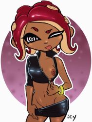  agent_8_(splatoon) animated animated_eyes_only animated_gif dark_skin femdom hypnotic_eyes iseenudepeople looking_at_viewer manip midriff mirageoasis_(manipper) nintendo octoling octoling_girl one_eye_open open_clothes pov pov_sub red_hair spiral_eyes splatoon splatoon_2 symbol_in_eyes tongue tongue_out undressing 