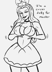 absurdres breasts female_only femsub greyscale happy_trance holly_the_dolly_(hollydolly) large_breasts long_hair monochrome original polmanning scooby-doo_(series) smile spiral_eyes symbol_in_eyes text wind-up_key