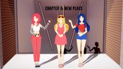  black_eyes blonde_hair blue_hair clothed cover daisy_(pokemon) english_text female_only femsub horokeu lily_(pokemon) long_hair multiple_girls multiple_subs nintendo pokemon pokemon_(anime) red_hair shrunken_irises sisters sunglasses text violet_(pokemon) 