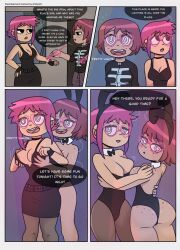 ass bare_legs black_eyes border bow_tie breast_grab breasts brown_hair bunny_ears bunnysuit choker cleavage comic dialogue dress female_only femsub fingerless_gloves freckles glasses gloves hand_on_hip happy_trance hypnotic_accessory hypnotized_assistant kim_pine large_breasts nipples nrkb462 open_mouth pantyhose pink_hair ramona_flowers scott_pilgrim_(series) shirt short_hair shorts smile speech_bubble spiral_eyes symbol_in_eyes text