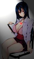 black_hair breasts clipboard crossed_legs empty_eyes expressionless female_only femsub hypnotic_accessory large_breasts long_hair maken-ki! manip necklace nijou_aki nurse open_clothes skirt solo tiechonortheal_(manipper)