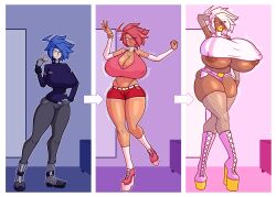  absurdres before_and_after bimbofication blue_hair breast_expansion breasts dark_skin erect_nipples femsub gloves high_heels huge_breasts huge_lips opera_gloves original pink_hair robot scorch_(zuoo0202) thighhighs transformation white_hair zuoo0202 