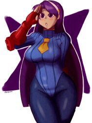 athena_asamiya blush bodysuit capcom expressionless femsub fingerless_gloves georgezero gloves headdress king_of_fighters large_breasts leotard long_hair purple_eyes purple_hair saluting shadaloo_dolls shoulder_pads signature simple_background standing standing_at_attention street_fighter tie very_long_hair white_background wide_hips