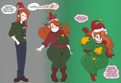 antenna ass_expansion bodysuit boots breast_expansion christmas dialogue elf elf_ears erect_nipples_under_clothes faetomi femsub forced_employee gravity_falls green_eyes hair_growth hat heterochromia huge_breasts hypnotic_clothing kaa_eyes latex long_hair multicolored_eyes navel open_mouth pants pasties red_eyes red_hair santa_hat sharp_teeth shirt shortstack shrinking smile speech_bubble tagme text transformation very_long_hair wendy_corduroy wide_hips